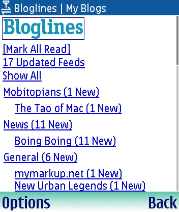 N90 screenshot: browser with bloglines